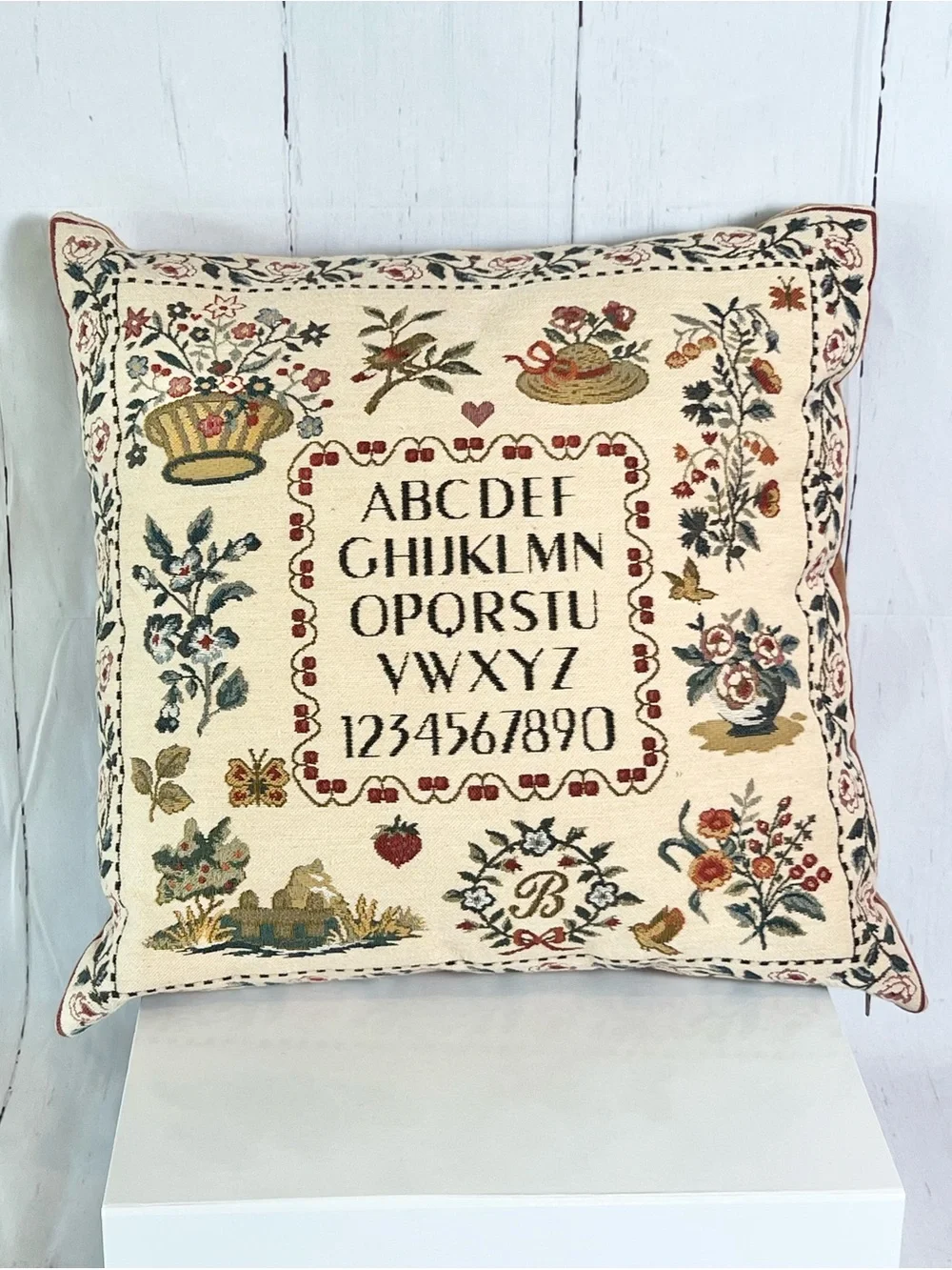 Vintage Belgian Flemish Tapestry Alphabet Sampler Throw Pillow 18x18